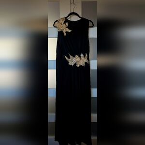 Elegant One Shoulder Black Dress with Gold Embellishments